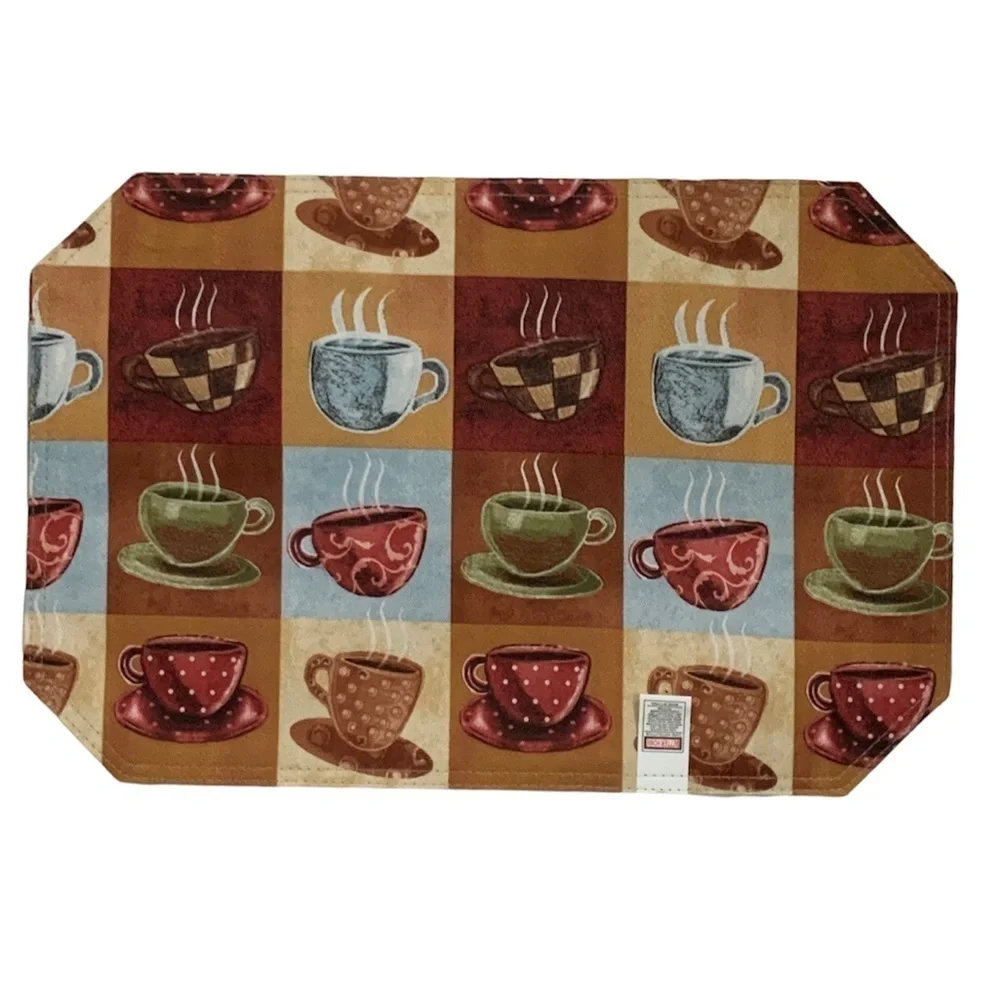 Coffee Time Placemats Printed Lined Reversible Retro Block Pattern Set of 4
